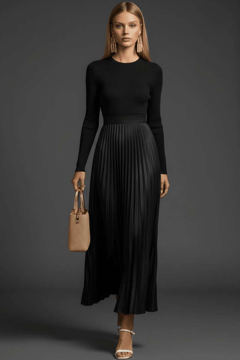 Chic Long-Sleeve Satin Maxi Dress in Black and White Elegance - @BlackWhite