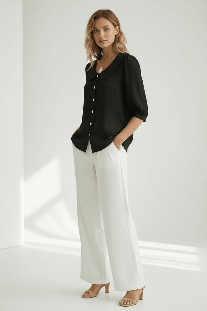Chic Loose Collared Short Sleeve Blouse – Black & White - @BlackWhite