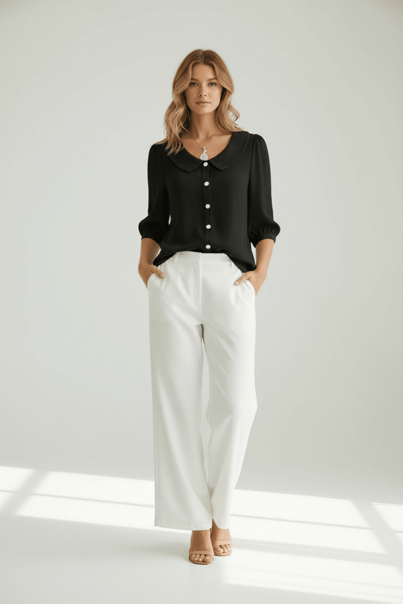 Chic Loose Collared Short Sleeve Blouse – Black & White - @BlackWhite