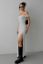 Chic Off-Shoulder Striped Maxi Dress in Black and White - @BlackWhite
