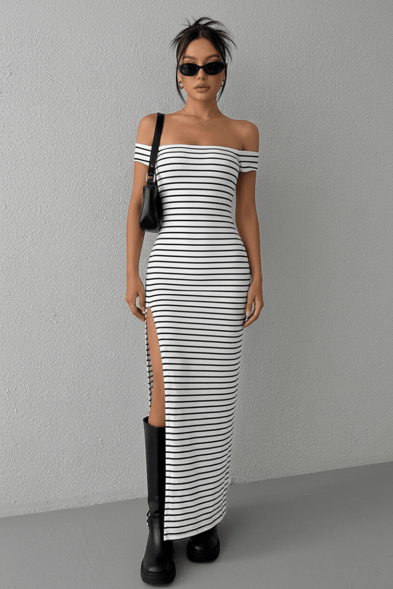 Chic Off-Shoulder Striped Maxi Dress in Black and White - @BlackWhite