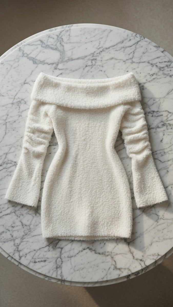 Chic One-Shoulder Long Sleeve Knit Dress – Black & White - @BlackWhite