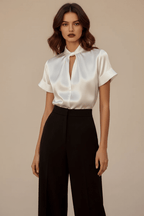 Chic Satin Short-Sleeve Blouse in Black and White Elegance - @BlackWhite