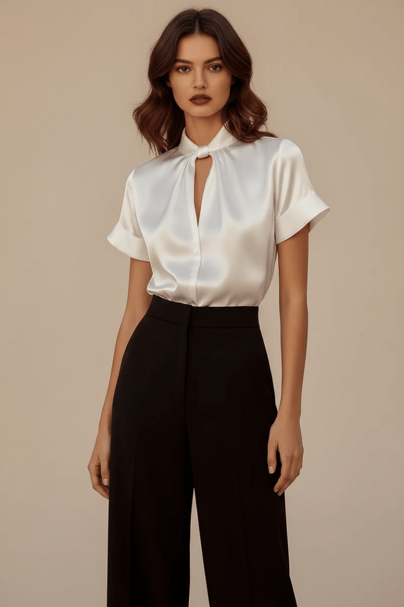 Chic Satin Short-Sleeve Blouse in Black and White Elegance - @BlackWhite