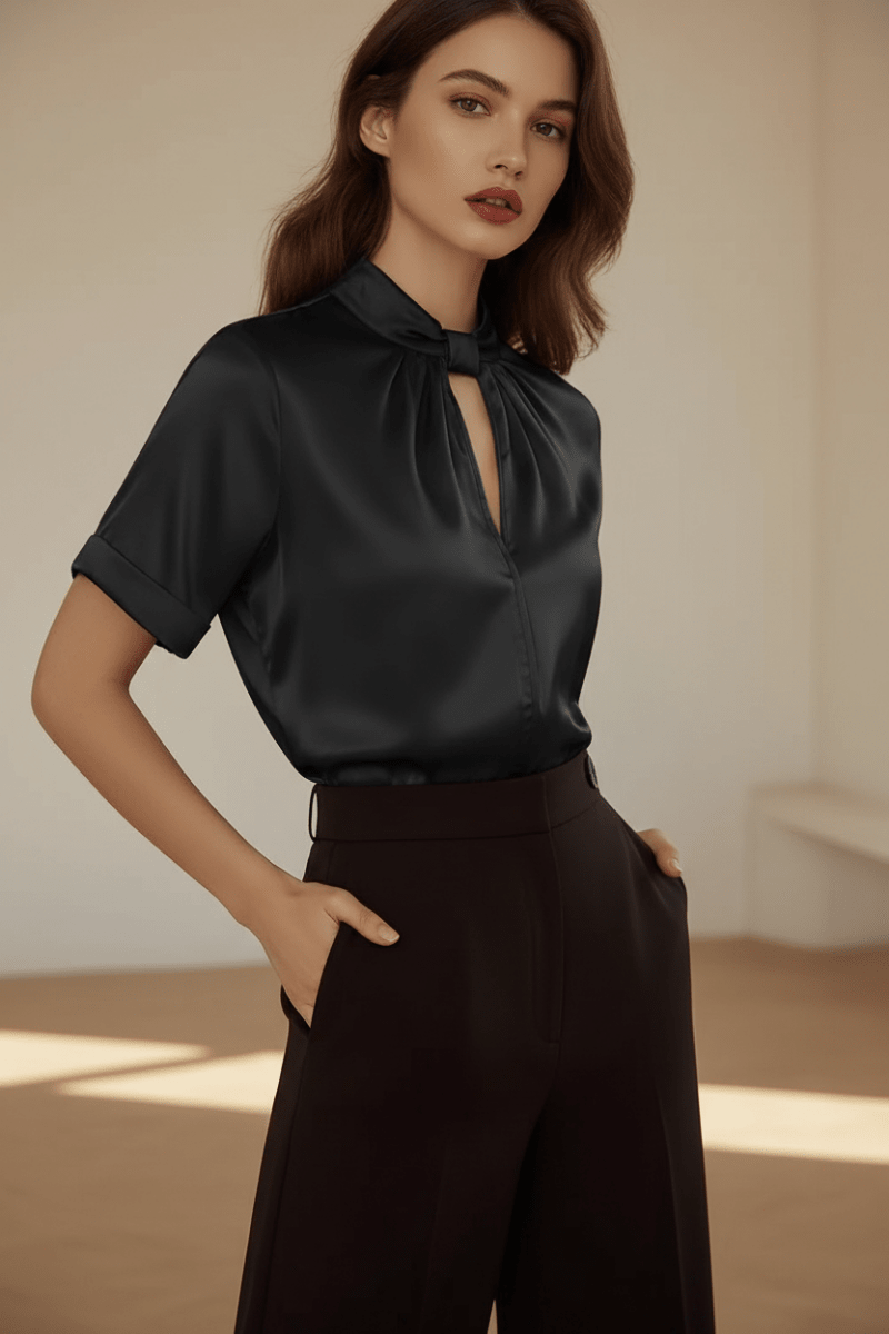 Chic Satin Short-Sleeve Blouse in Black and White Elegance - @BlackWhite