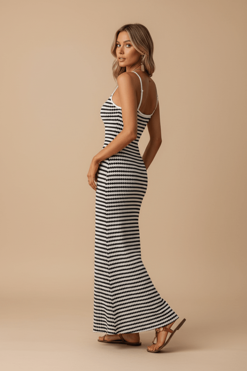 Chic Striped Knitted Slip Dress in Black and White – Elegant Style - @BlackWhite