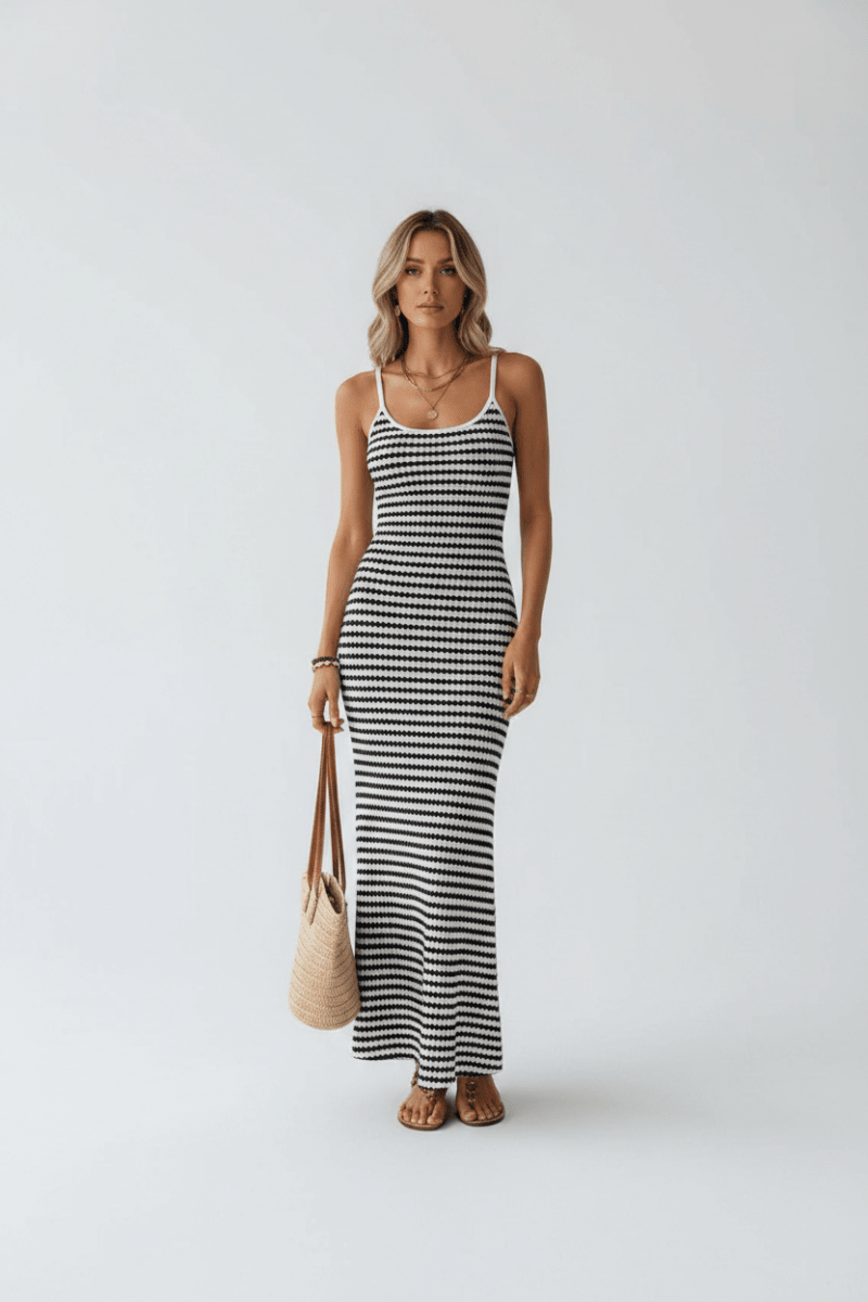 Chic Striped Knitted Slip Dress in Black and White – Elegant Style - @BlackWhite