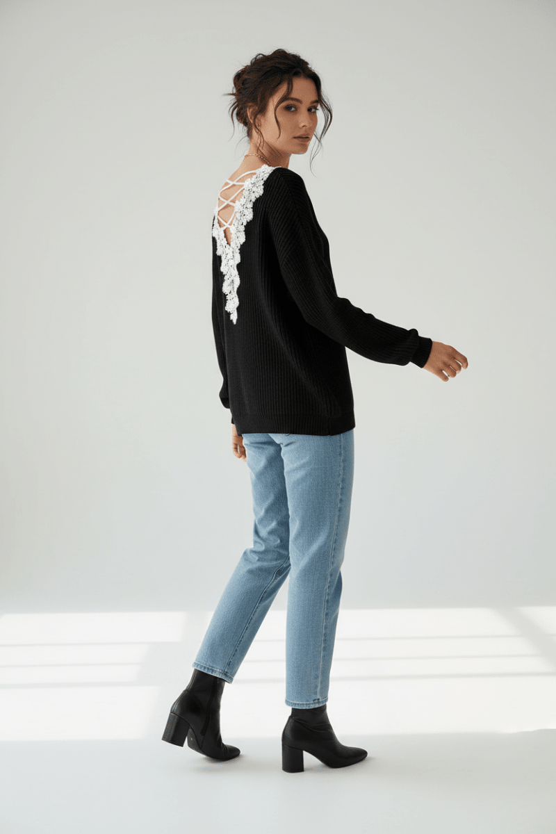 Chic V-Neck Backless Lace-Up Sweater – Black Edition - @BlackWhite