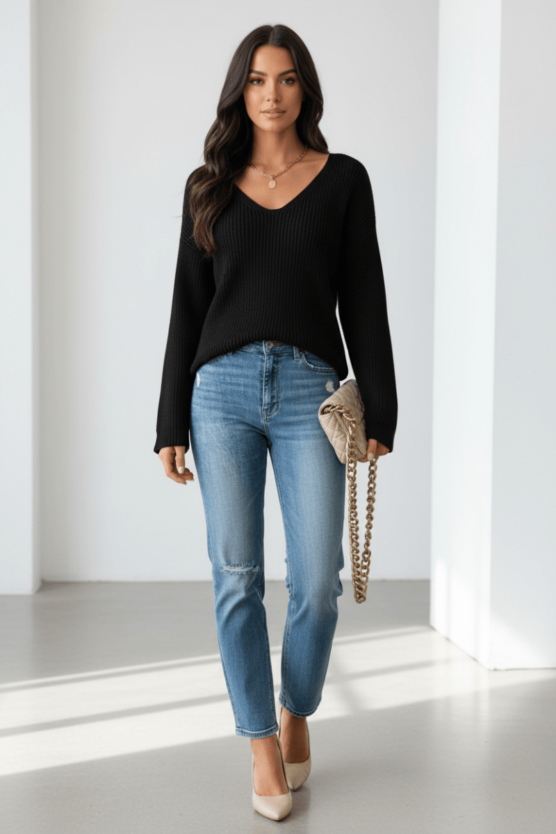 Chic V-Neck Backless Lace-Up Sweater – Black Edition - @BlackWhite