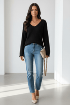 Chic V-Neck Backless Lace-Up Sweater – Black Edition - @BlackWhite