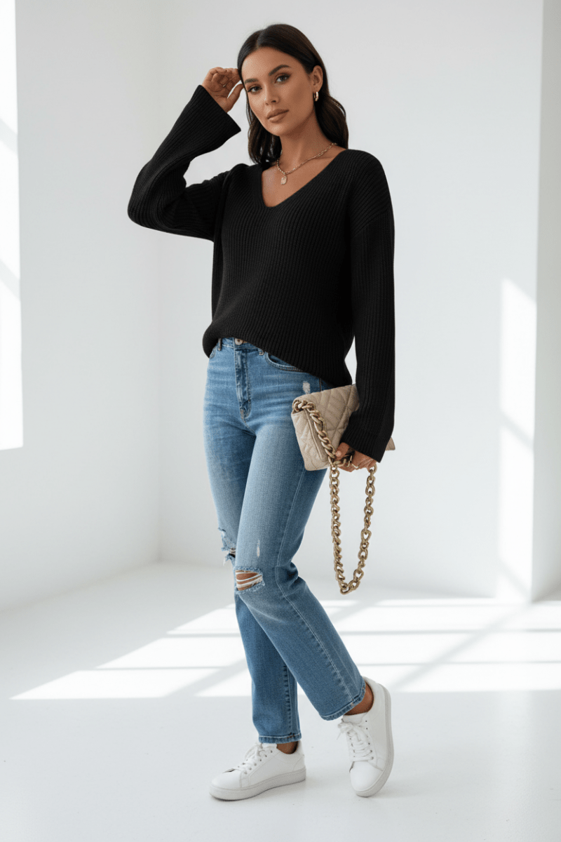 Chic V-Neck Backless Lace-Up Sweater – Black Edition - @BlackWhite