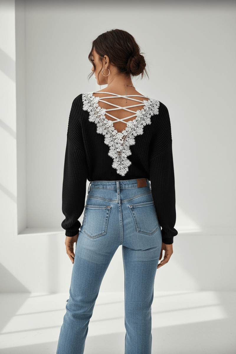 Chic V-Neck Backless Lace-Up Sweater – Black Edition - @BlackWhite