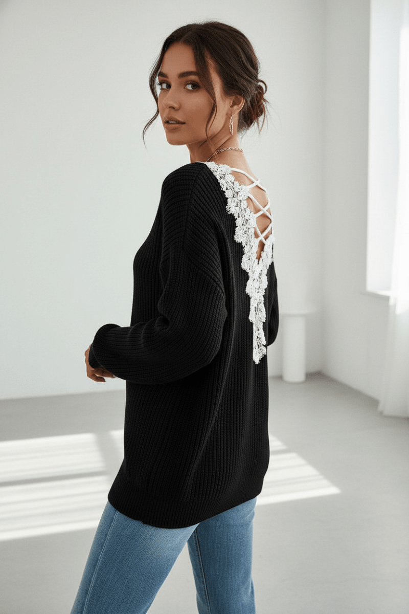 Chic V-Neck Backless Lace-Up Sweater – Black Edition - @BlackWhite
