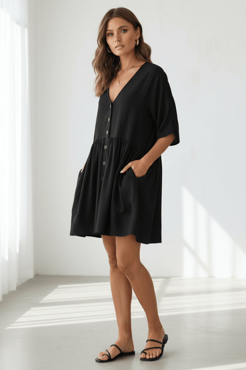 Chic V-Neck Button-Front Mini Dress – Black & White - @BlackWhite
