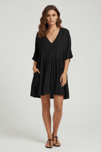 Chic V-Neck Button-Front Mini Dress – Black & White - @BlackWhite