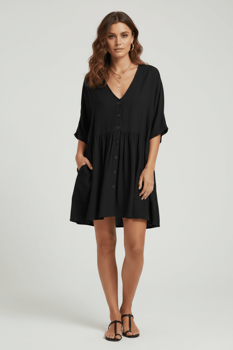 Chic V-Neck Button-Front Mini Dress – Black & White - @BlackWhite