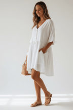Chic V-Neck Button-Front Mini Dress – Black & White - @BlackWhite