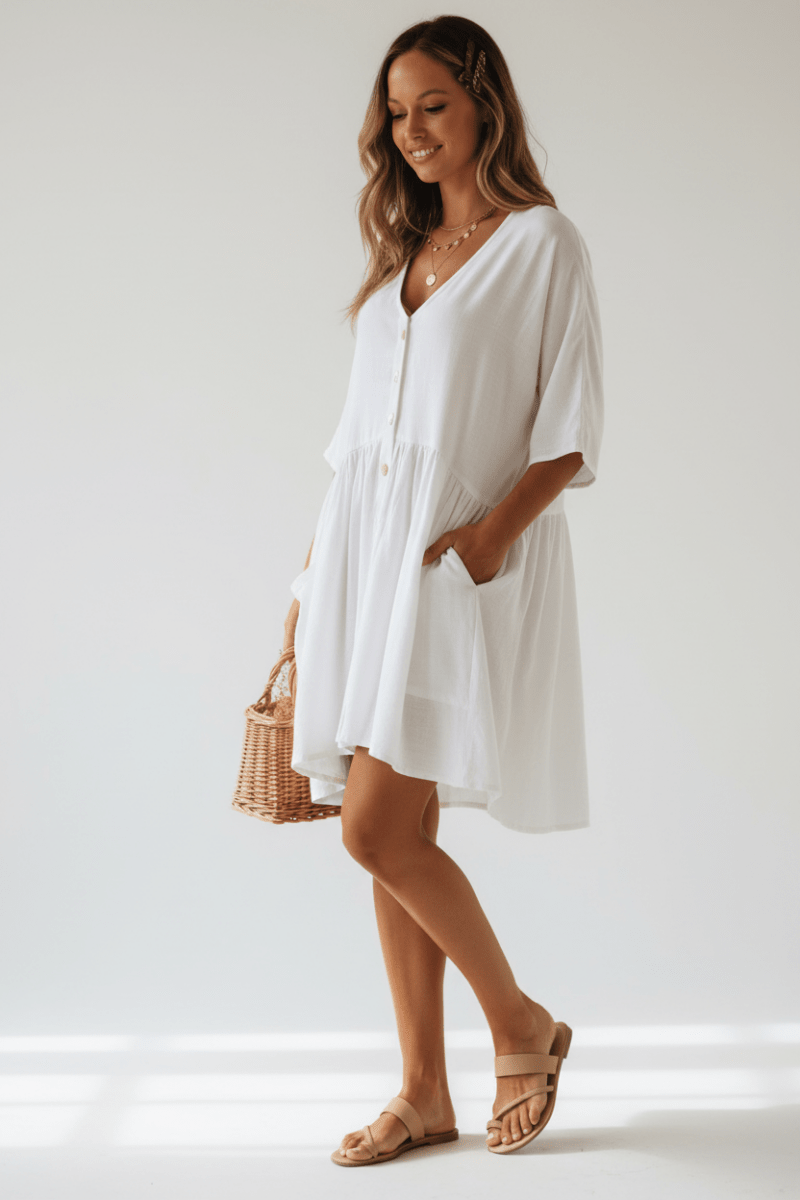 Chic V-Neck Button-Front Mini Dress – Black & White - @BlackWhite