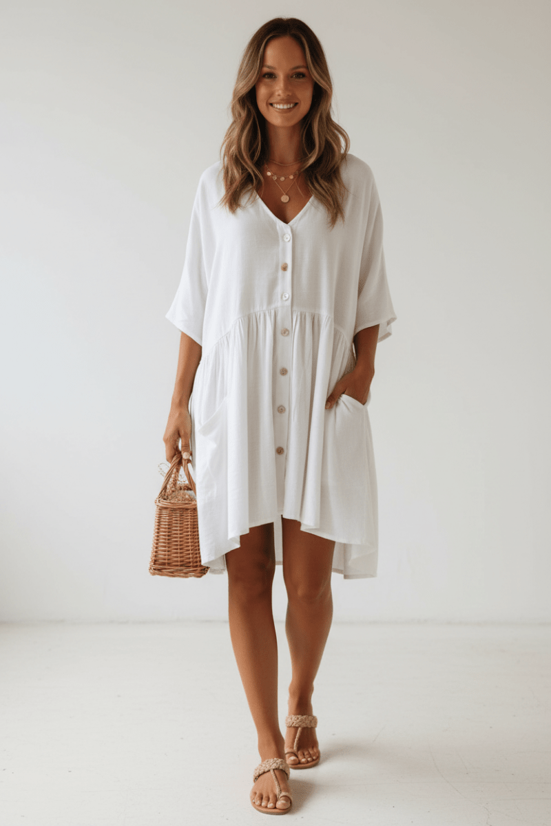 Chic V-Neck Button-Front Mini Dress – Black & White - @BlackWhite