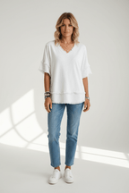 Chic V-Neck Short Sleeve Pullover Top – Black & White - @BlackWhite