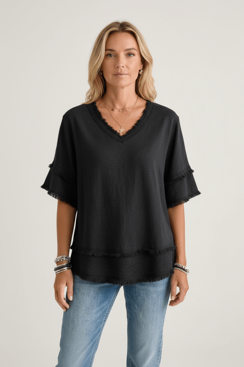Chic V-Neck Short Sleeve Pullover Top – Black & White - @BlackWhite