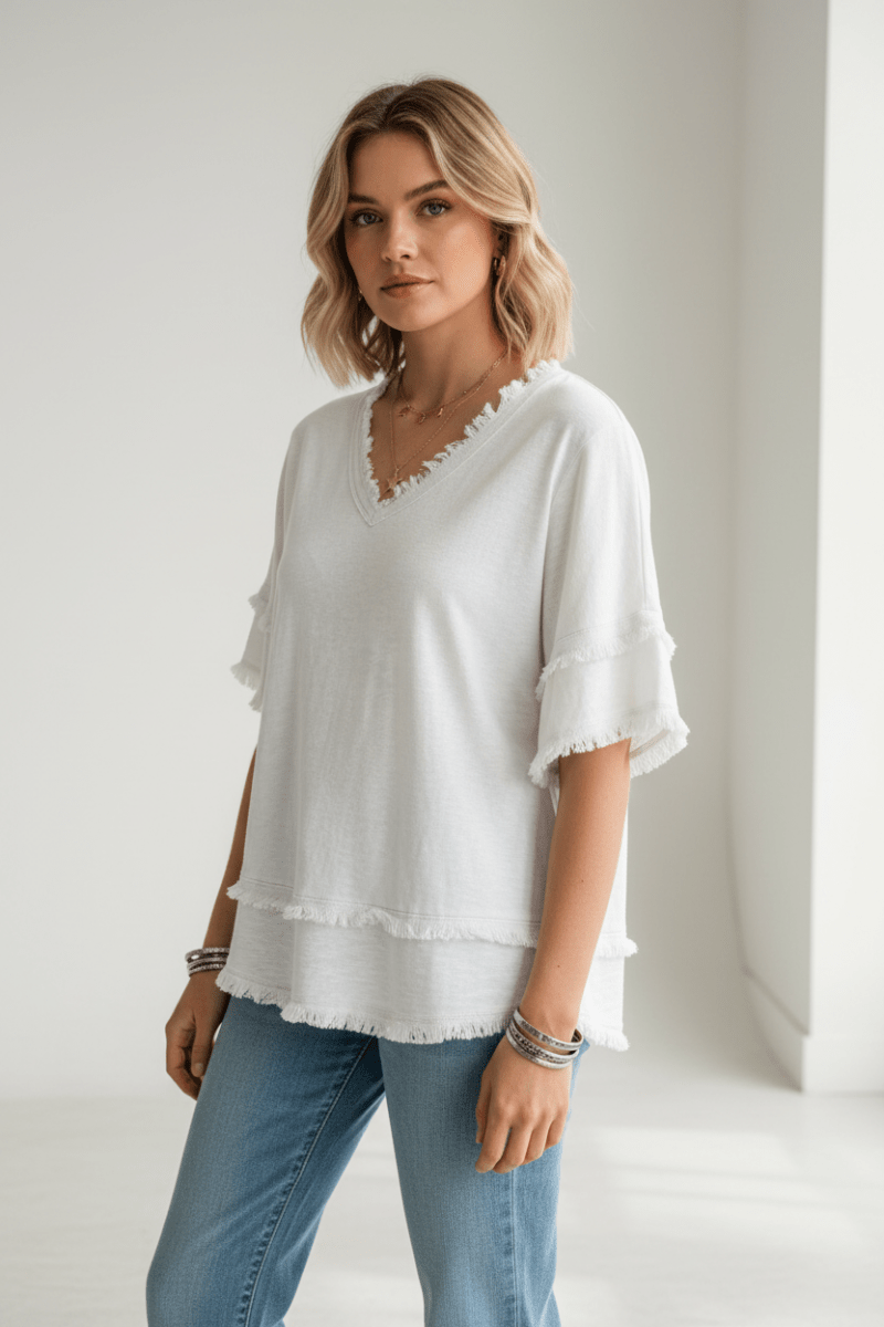 Chic V-Neck Short Sleeve Pullover Top – Black & White - @BlackWhite