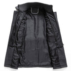 Back view of the black men's jacket showcasing the padded interior and collar, elegant design for a sophisticated look.