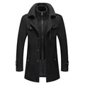 Front view of the black woolen men's jacket featuring a zipper closure and long sleeves, chic minimalist style.