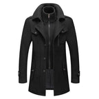 Front view of the black woolen men's jacket featuring a zipper closure and long sleeves, chic minimalist style.