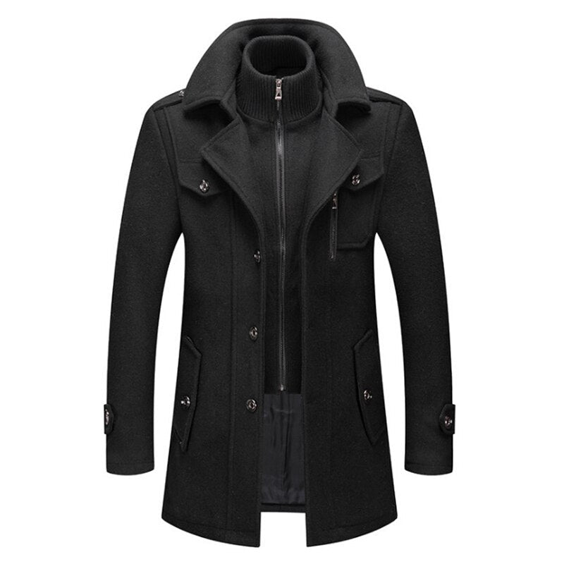 Front view of the black woolen men's jacket featuring a zipper closure and long sleeves, chic minimalist style.