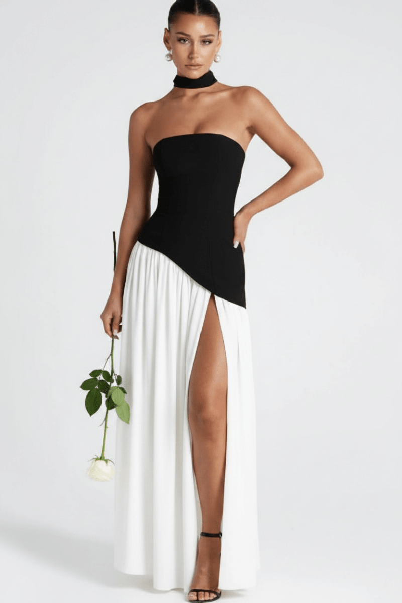Elegant Black and White Irregular Tube Top Maxi Dress - @BlackWhite