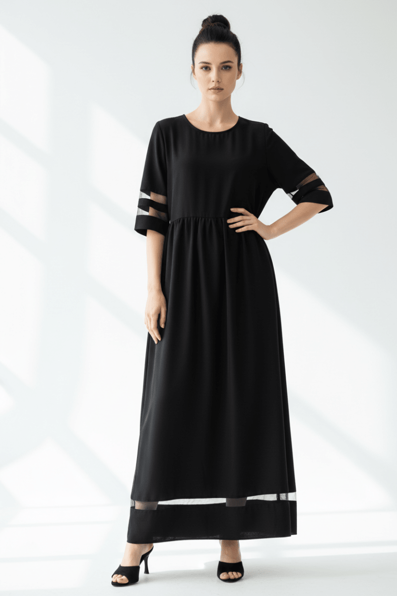 Elegant Black Fishtail Midi Dress with Half Sleeves - @BlackWhite
