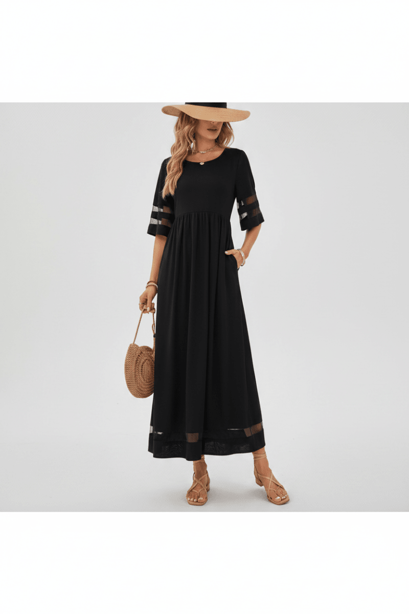 Elegant Black Fishtail Midi Dress with Half Sleeves - @BlackWhite