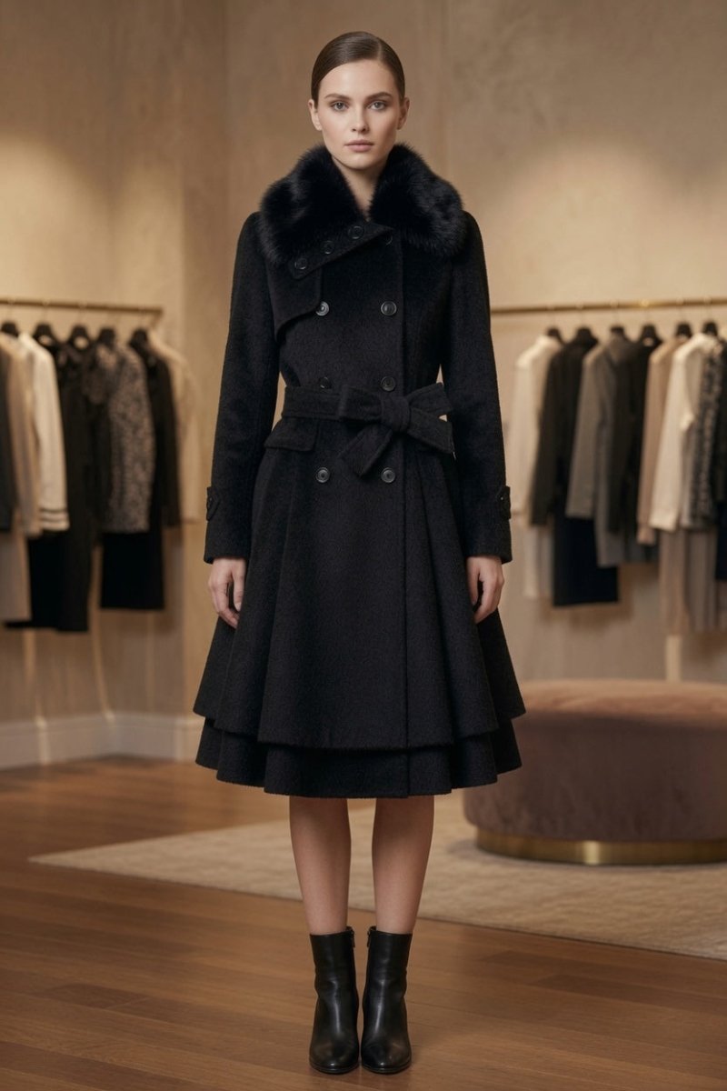 Elegant Black Mid-Length Woolen Coat for Women – Timeless Chic - @BlackWhite