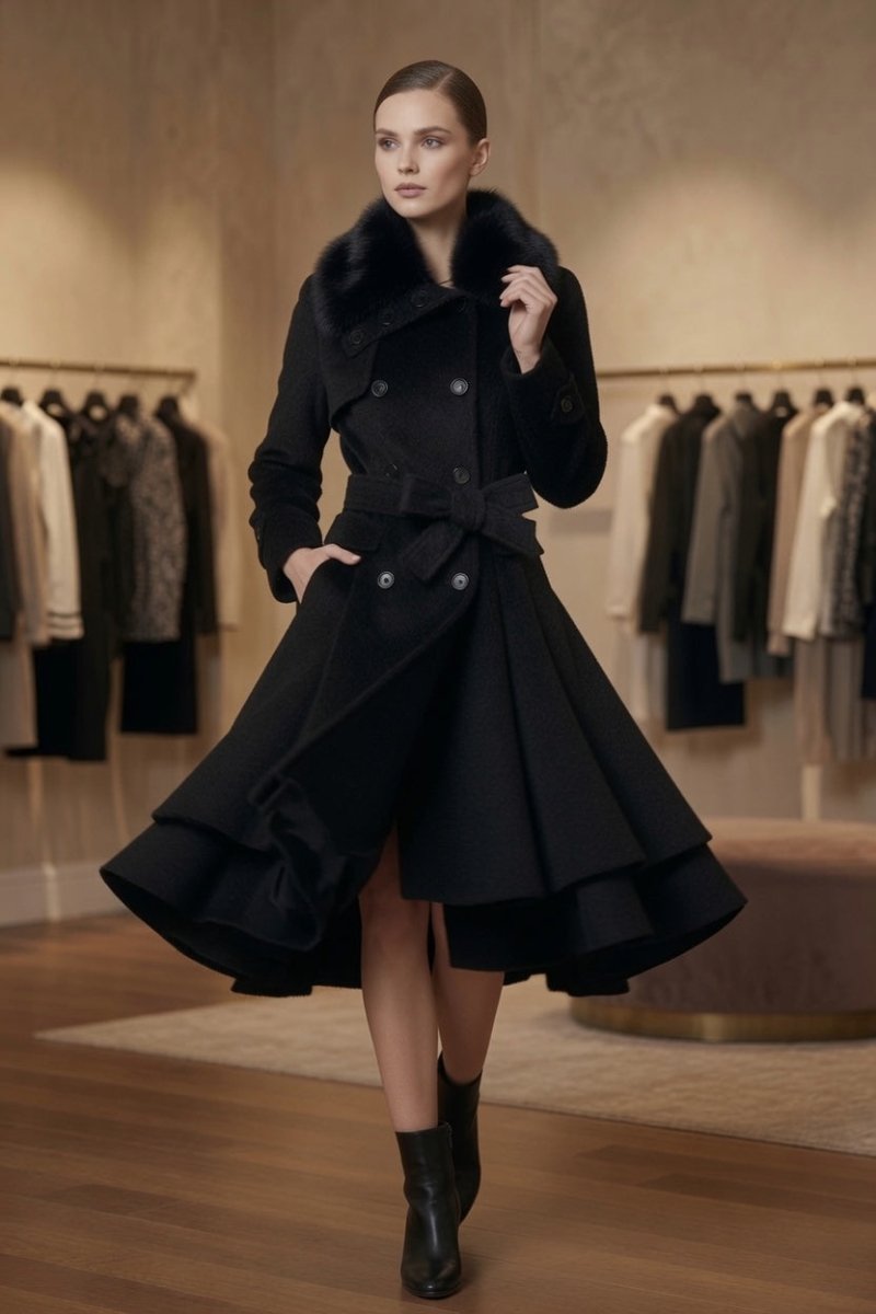Elegant Black Mid-Length Woolen Coat for Women – Timeless Chic - @BlackWhite
