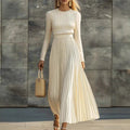 Elegant long-sleeve cream satin knit pleated maxi dress, chic minimalist style @Black#White