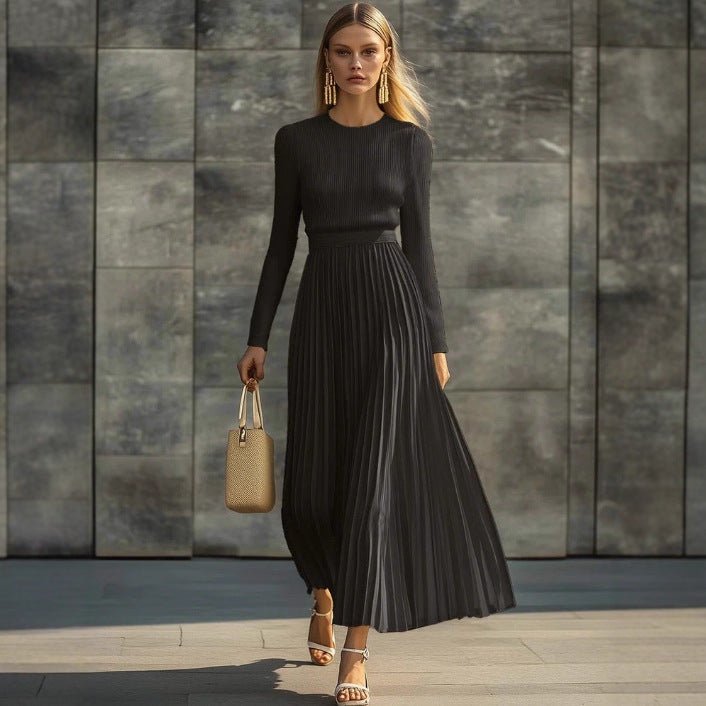 Chic long black satin knit pleated maxi dress, elegant minimalist design for formal occasions @Black#White