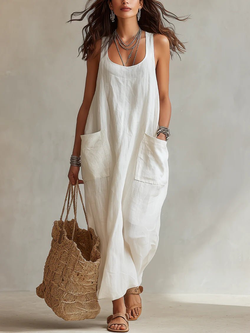 Lifestyle shot of a flowy white long slip dress with pockets, elegant minimalist style @Black#White