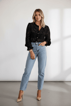 Elegant Lace Button Blouse – Feminine Long Sleeve Top - @BlackWhite