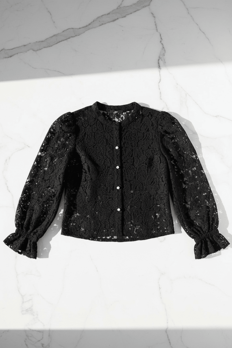 Elegant Lace Button Blouse – Feminine Long Sleeve Top - @BlackWhite