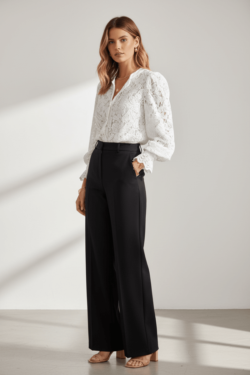 Elegant Lace Button Blouse – Feminine Long Sleeve Top - @BlackWhite