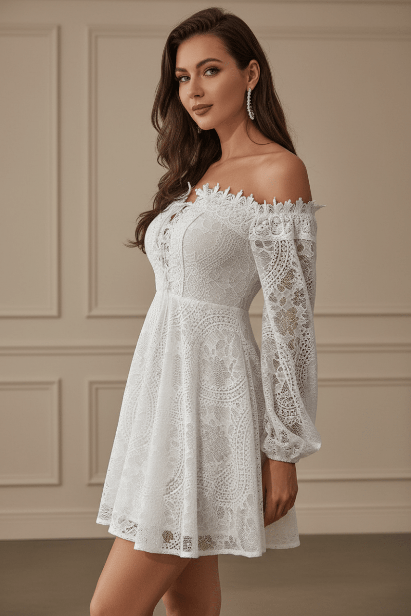 Elegant Off-Shoulder Mini Dress in White – Chic Style - @BlackWhite