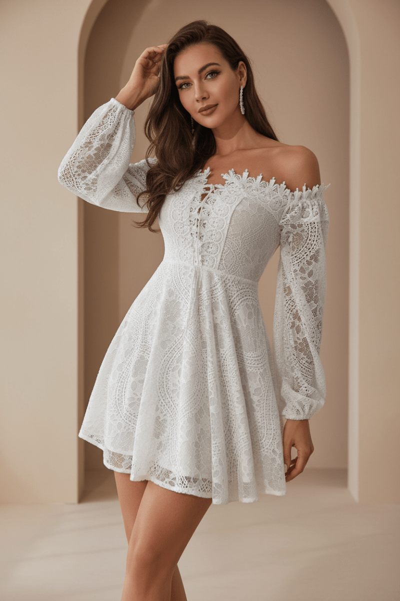 Elegant Off-Shoulder Mini Dress in White – Chic Style - @BlackWhite