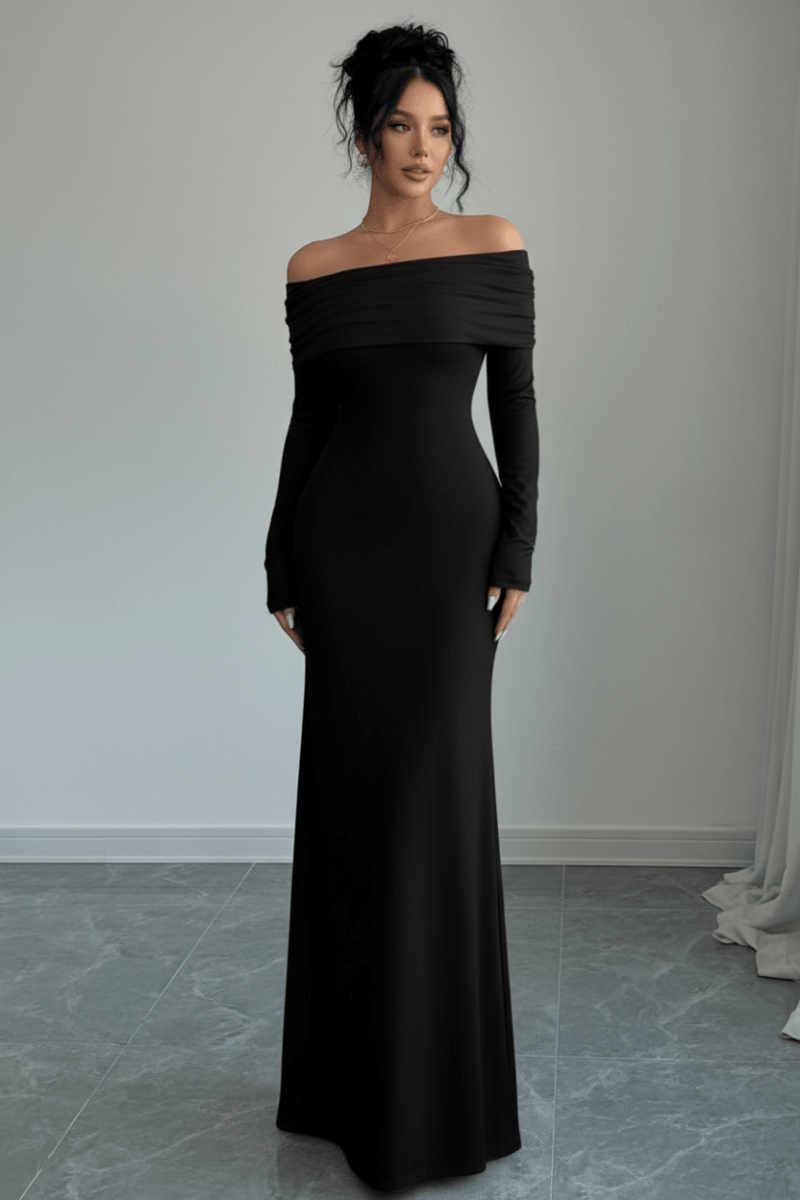 Elegant Off-Shoulder Slim Dress in Black and White Contrast - @BlackWhite