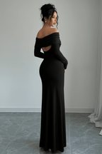 Elegant Off-Shoulder Slim Dress in Black and White Contrast - @BlackWhite