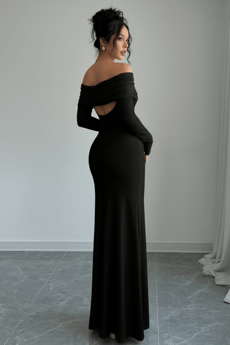 Elegant Off-Shoulder Slim Dress in Black and White Contrast - @BlackWhite