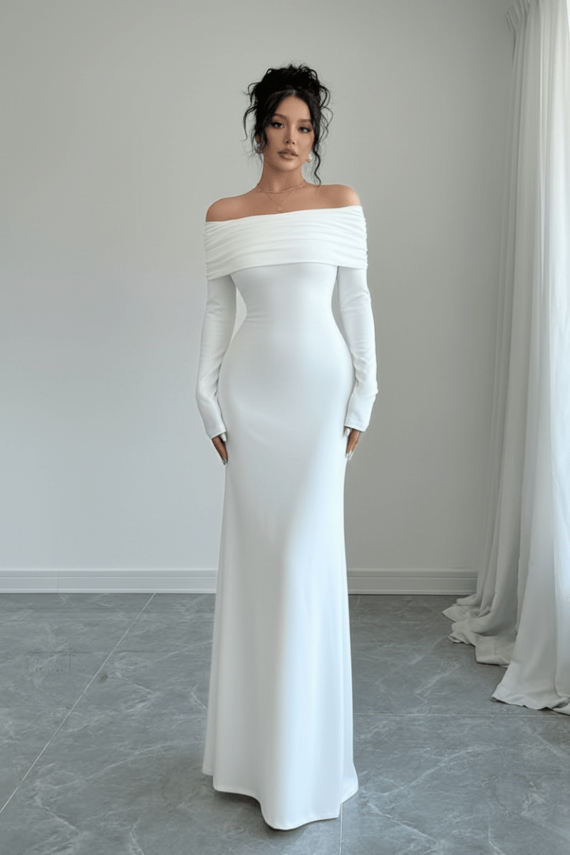 Elegant Off-Shoulder Slim Dress in Black and White Contrast - @BlackWhite