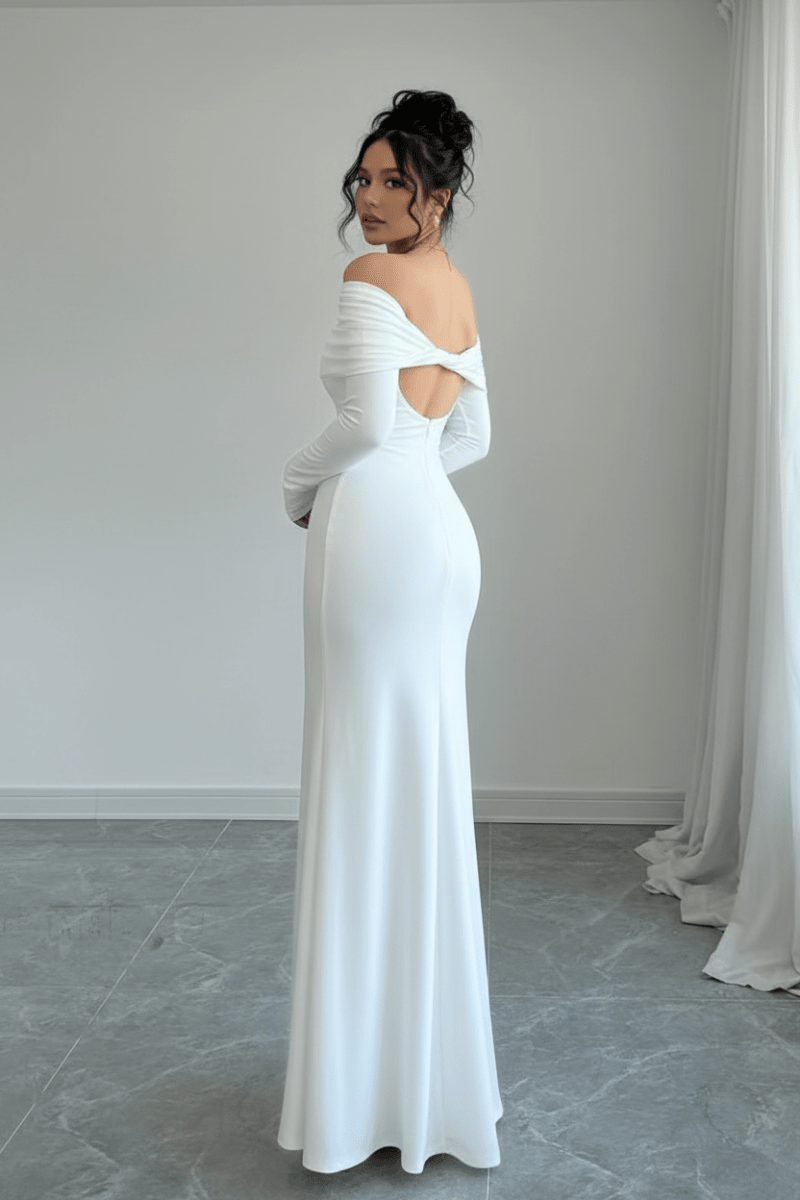 Elegant Off-Shoulder Slim Dress in Black and White Contrast - @BlackWhite