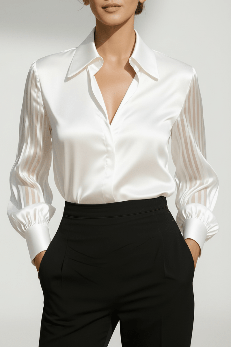 Elegant Satin Blouse with Long Sleeves in Black and White - @BlackWhite