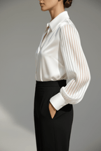 Elegant Satin Blouse with Long Sleeves in Black and White - @BlackWhite